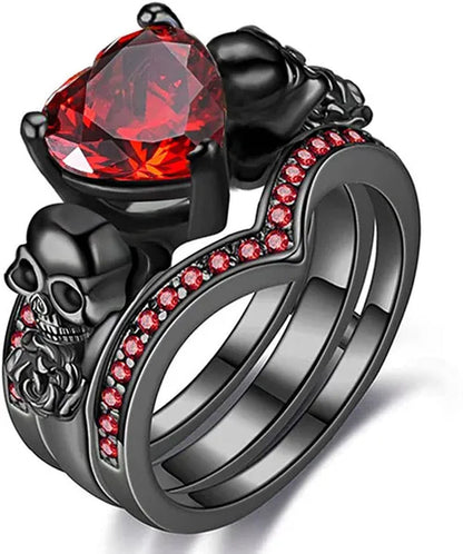 Gothic Skull Black Rings Set Women Rose Flower Red Purple Heart Love Zircon Crystal Christmas Anniversary Engagement Gift Cocktail Party Biker Jewelry