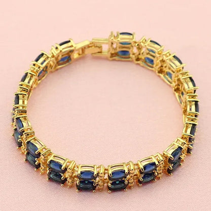 Women's Fashion Flower Shaped Gold Color Jewelry Sets Blue Zircon Earrings Pendant Rings Bracelet