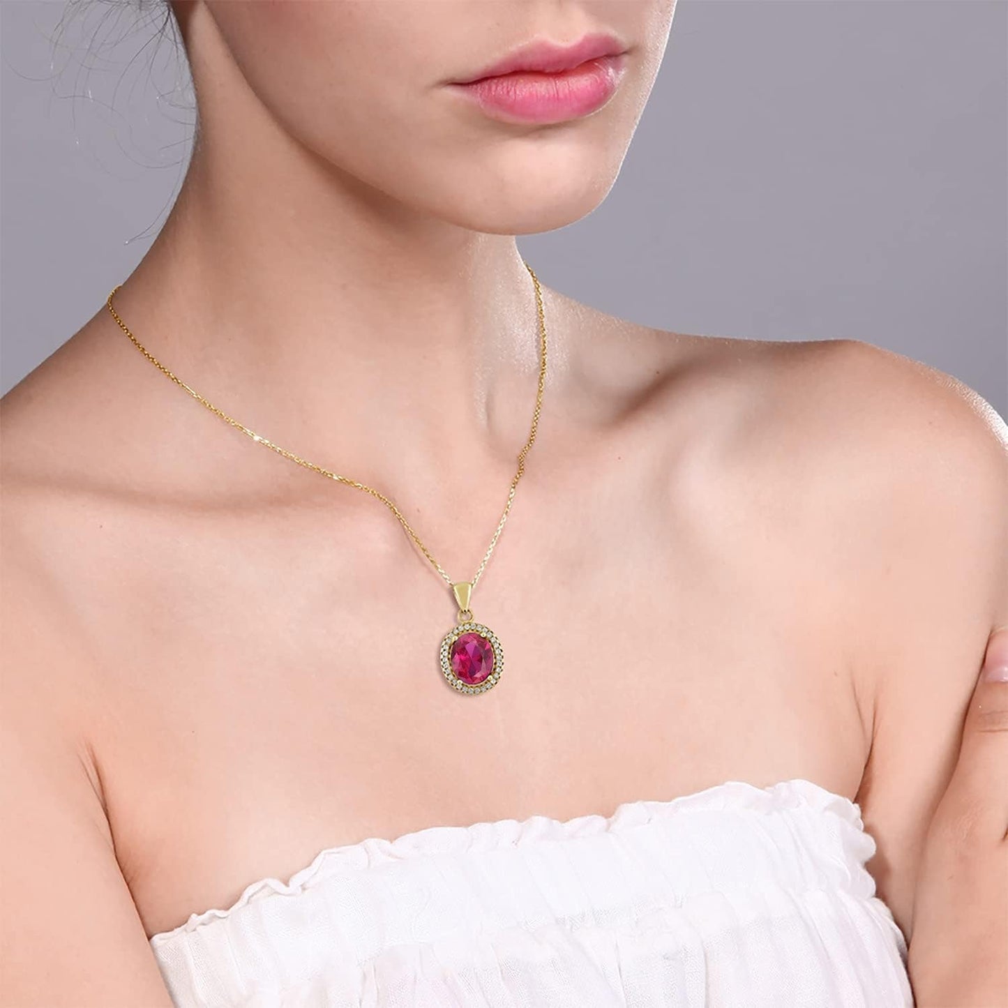18K Yellow Gold Plated Silver Red Created Ruby Pendant Necklace for Women (4.40 Cttw, Oval 11X9MM, with 18 Inch Chain)