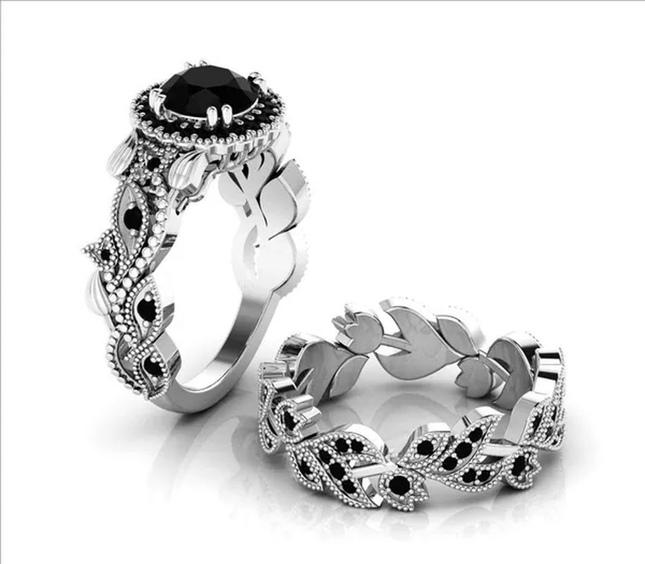 2 Pieces/set of Exquisite Fashion Ideas Ring Black Diamond Ring Flower Vine Ladies Ring Jewelry Promise Wedding Ring Princess Proposal Ring Anniversary Gift (size: 5-11)