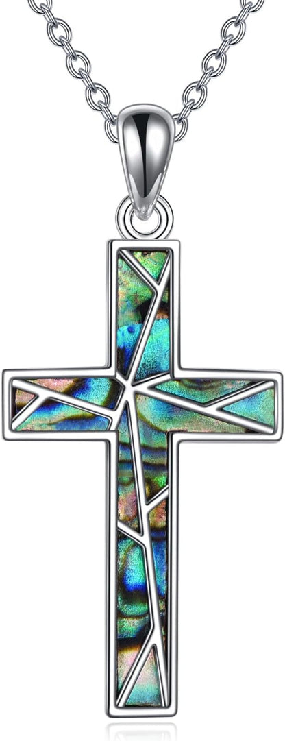 Religious Cross Pendant Necklace Sterling Silver Abalone Shell Cross Pendant Gifts for Women Men Jewelry
