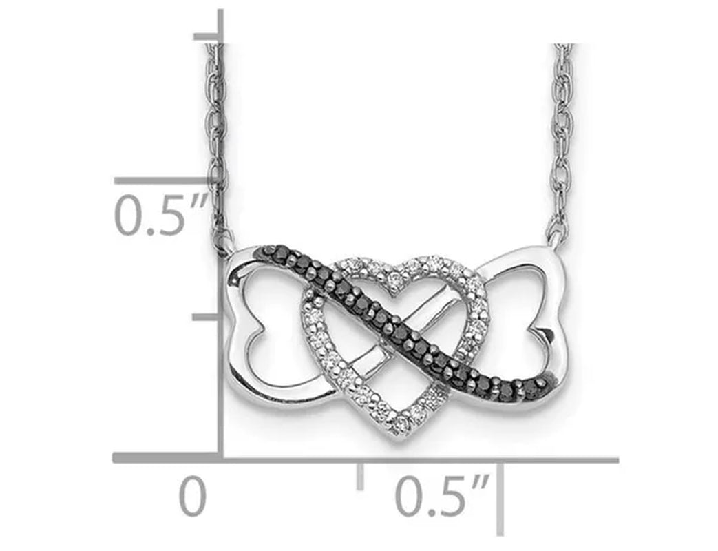 1/10 Carat (ctw) Black and White Diamond Triple Heart Pendant Necklace in 10K White Gold with Chain