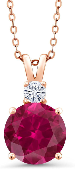 18K Rose Gold Plated Silver Red Created Ruby and White Moissanite Pendant Necklace for Women (4.16 Cttw, round 10MM, with 18 Inch Chain)