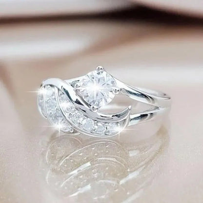 Gold&White Sapphire Angel Wings Charming Diamond Princess Ring Romantic Bride Proposal Eternity Ring Anniversary Christmas Gift for Girlfriend Mother's Day Gift Jewelry Size 5-11