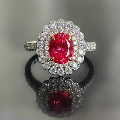Ruby Rings Engagement Ring for Women 2Ct Oval Cut Created Ruby/Cut Moissanite, Milgrain Floral Double Halo Wedding Ring Moissanite Accents 14K Gold QUALITY Sterling Silver