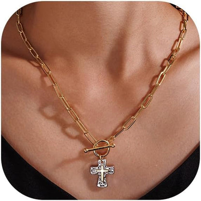 Chunky Cross Necklace for Women, 14K Gold/Silver Plated Statement Paperclip Chain Double Cross Pendant Necklaces Non Tarnish for Faith Religious Christian Jewelry Gifts