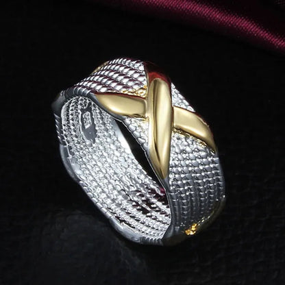 925 Sterling Silver 2-Tone Criss Cross Gold "X" Ring for Women Men Size 6 7 8 9