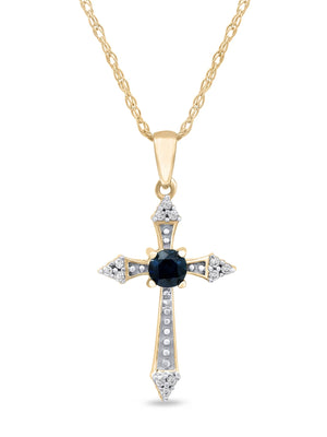Gemstone 10K Yellow Gold round Cut Blue Sapphire Diamond Accent Cross Necklace