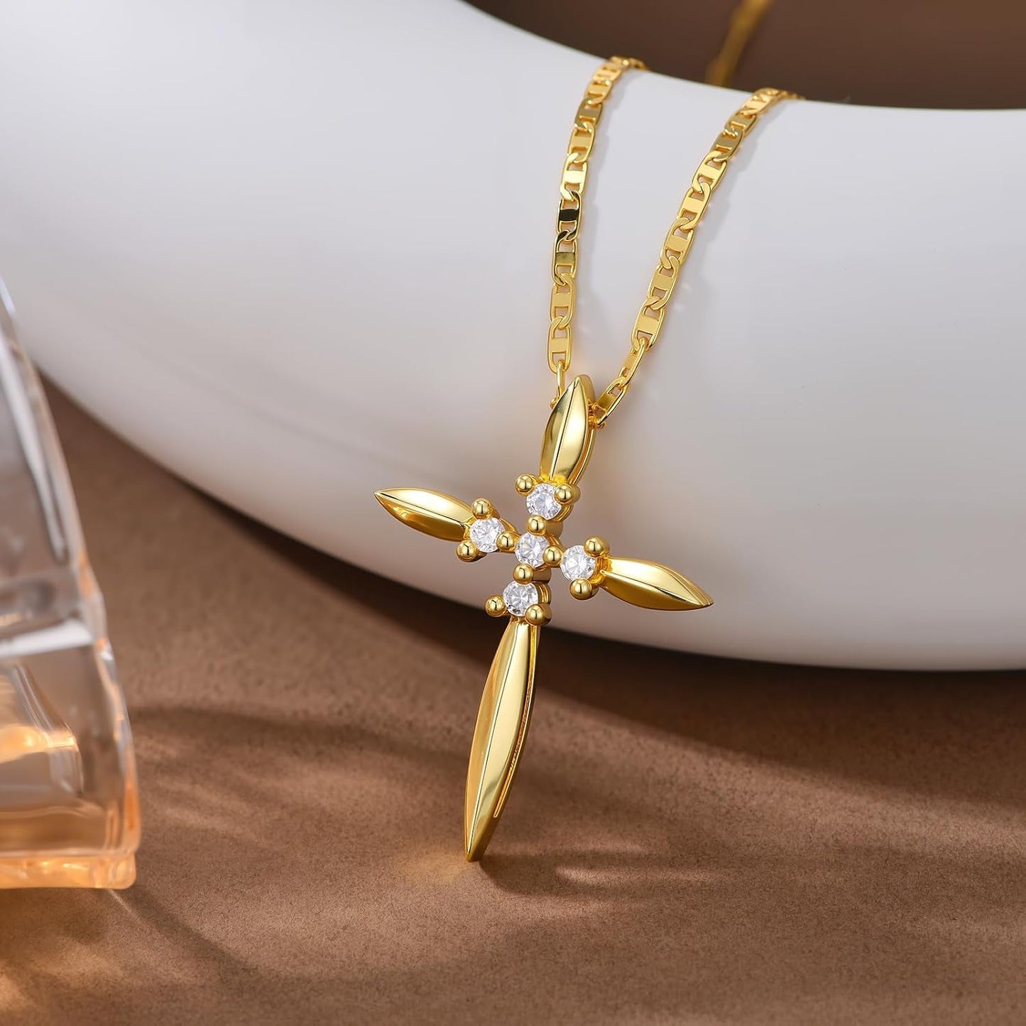 Gold Cross Necklace for Women Dainty 14K Gold Cross Floral Pendant Elegant Christian Religious Jewelry Gift for Mom Wife Daughter