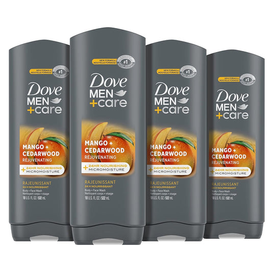 Body Wash Rejuvenating Mango + Cedarwood 4 Count for Men with 24-Hour Nourishing Micromoisture Technology 18 Oz