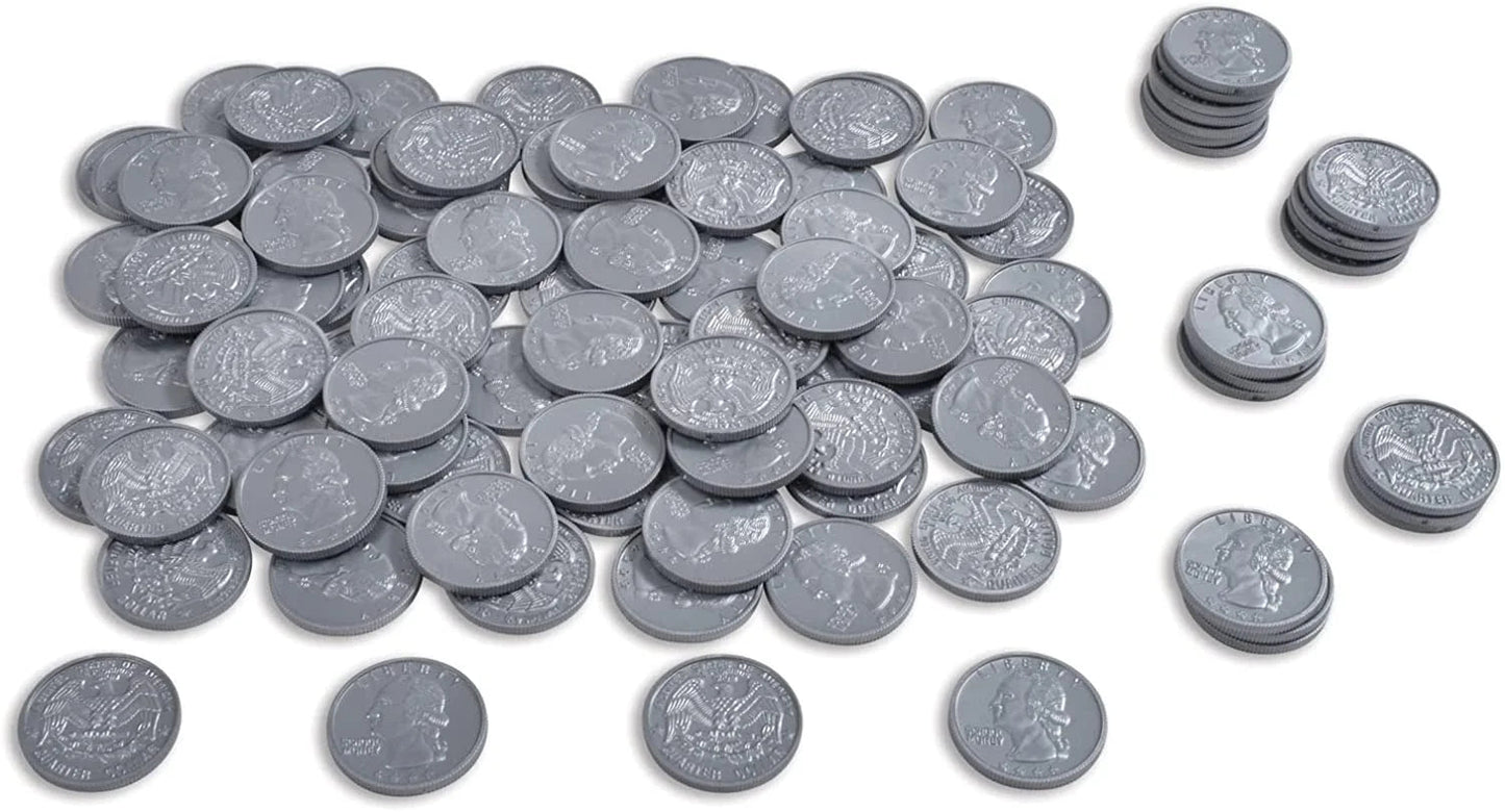 Play Quarters - Set of 100 Plastic Coins - Designed and Sized like Real US Currency - Teach Money Math with This Pretend Play Resource Master Coins