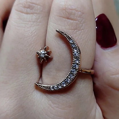 Gorgeous Women 925 Sterling Silver Rose Gold Natural Gemstones White Sapphire Diamond Stars Moon Adjustable Open Ring Romantic Wedding Bride Engagement Anniversary Rings Jewelry