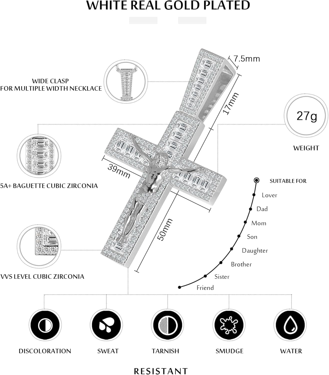Mens Womens Crucifix Necklace Jesus Cross Chain Iced Out Baguette REAL White Gold/ 18K Gold/Rose Gold Plated Christian Pendant(Give 3Mm 24Inch Gold Plating Rope Chain)