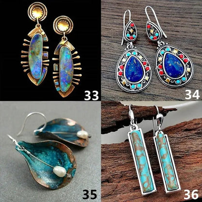1 Pair Antique 925 Sterling Silver Pendant Earrings Natural Gemstone Inlay Dangle Earrings Bridal Engagement Wedding Anniversary Gift Bohemian Style Earrings