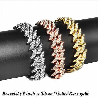 New Fashion Jewelry 925 Silver/Gold/Rose Gold Plated Men Cuban Miami Link Necklace Stainless Steel Diamond Silver Chain Necklace or Bracelet 7/8/18/20/24 Inches 1Pcs