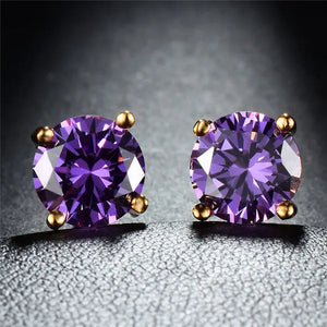 Elegant Round Cut Amethyst Topaz Lab-created Yellow Gold Ear Studs Fashion Earrings for Women