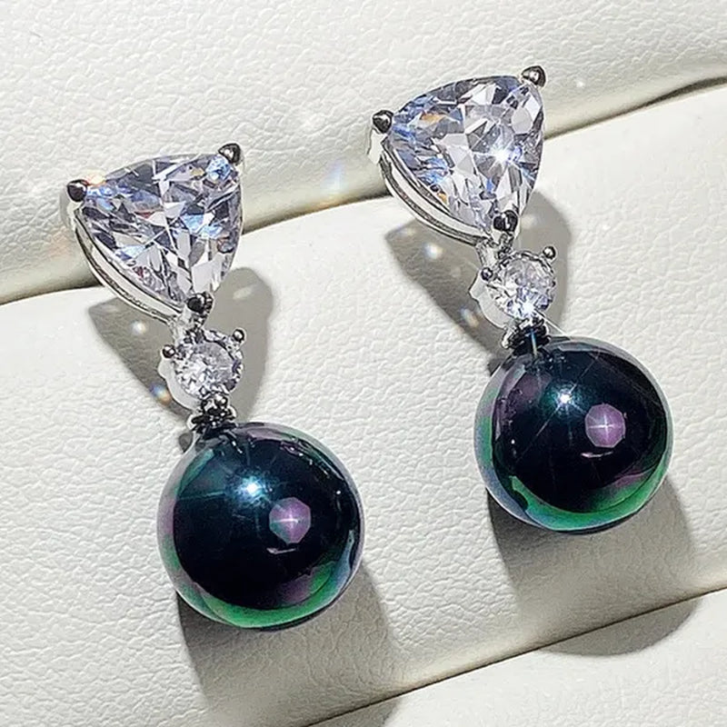 Retro Pearl Drop Earring 925 Sterling Silver 3 Prong Setting Triangle White Sapphire and Diamond Earring for Women Party Jewelry