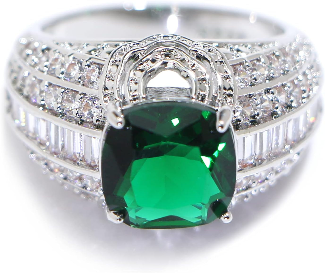 925 Sterling Silver Shiny Full Diamond Emerald Ring Cubic Zirconia Rings Gemstone Ring CZ Diamond Eternity Engagement Wedding Band Ring for Women (US Code 7)