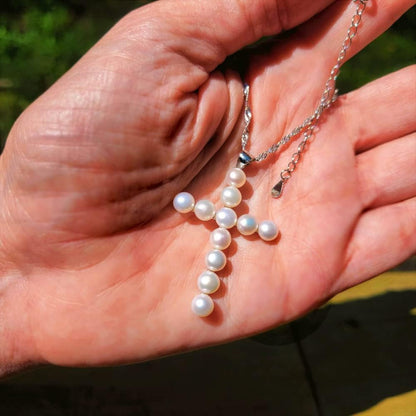 Freshwater Pearl Cross Necklace - Adjustable 20" Pearl Cross Pendant - Silver Christian Jewelry - Faith Jewelry Gift for Christmas, Wedding, Anniversary