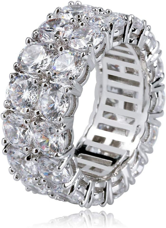Rings for Men - Men'S 14K Gold Plated Brass, Chunky Faux Diamond Band Ring for Women, Unisex, 9Mm - 2 Rows round Cubic Zirconia Eternity