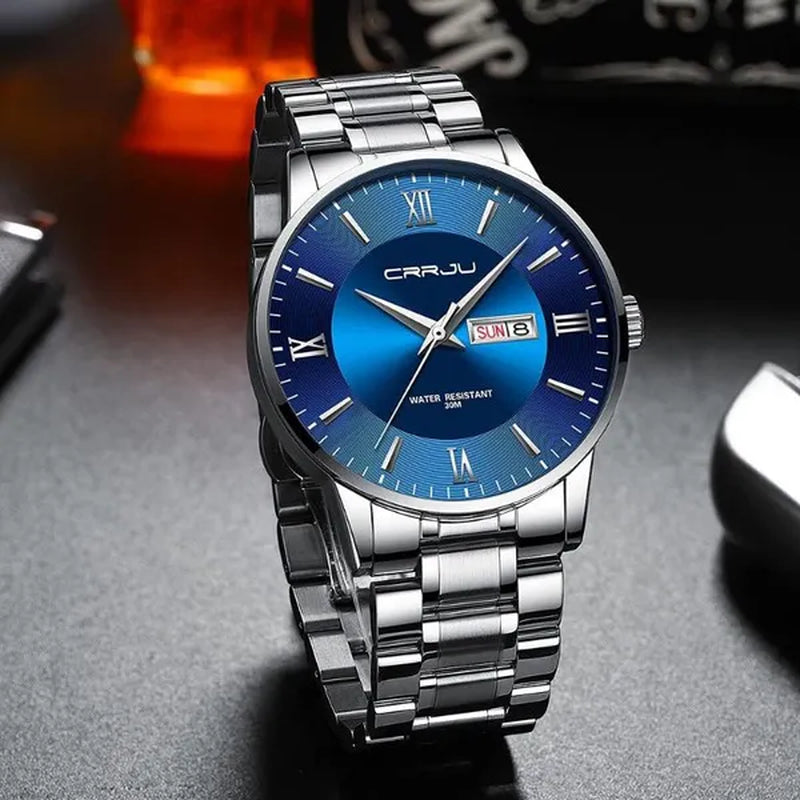 CRRJU Men's Minimalist Leisure Luxury Automatic Dating Watch Fashion Business Japanese Movement Quartz Waterproof Watch Men's Silver Stainless Steel Watch Band
