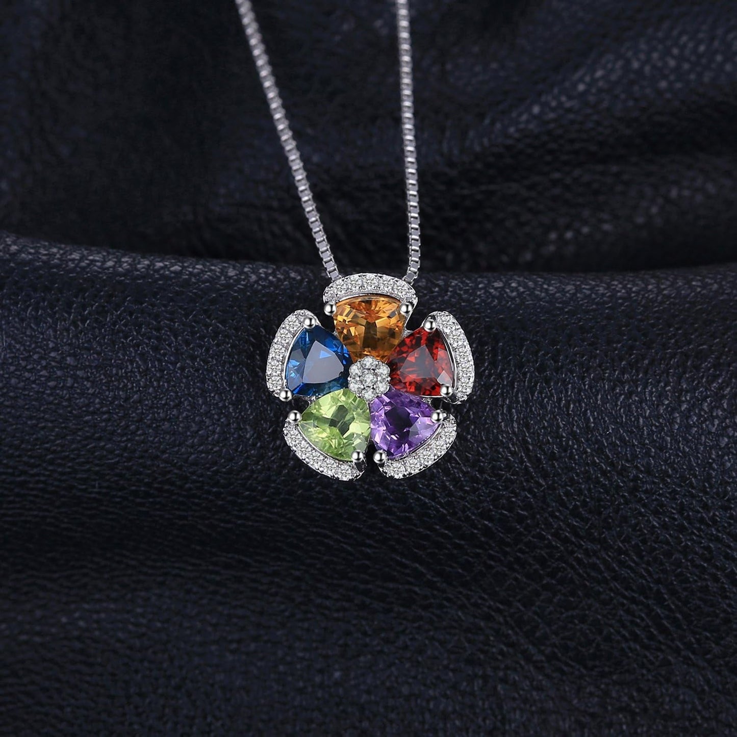 Multicolor Flower 2.6Ct Genuine Amethyst Citrine Garnet Peridot Blue Topaz Pendant Necklaces for Women, 925 Sterling Silver Natural Gemstones Jewelry Sets 18 Inches Chain