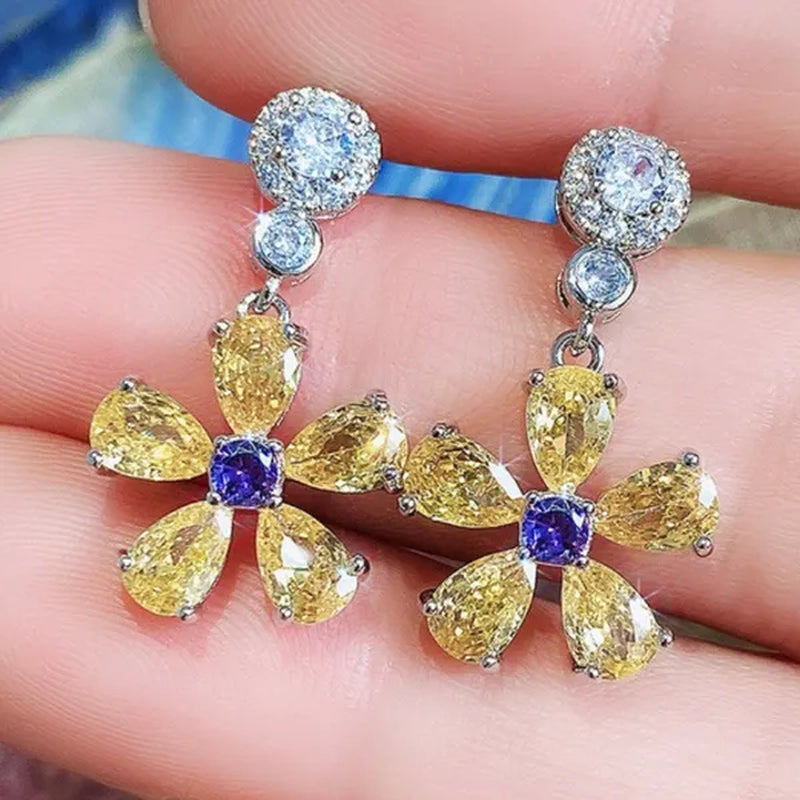 Fashion Bridal Wedding Earrings Jewelry Gifts Silver Plated Lab Diamond Gemstone Citrine Flower Drop Earrings