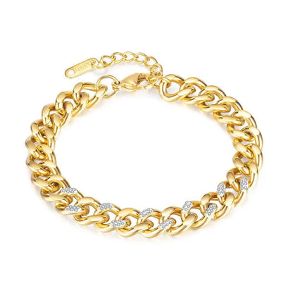 8.5Mm Wide Adjustable Curb Link Chain Bracelet Inlay Delicate Cubic Zirconia CZ Stone for Women Girls Titanium Steel Chunky Cuban Curb Chain Bracelets Bangle Lady Jewelry Silver / Gold