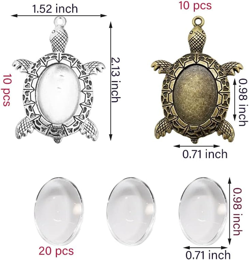 40 Pieces 2 Colors Antique Bronze Silver Turtle Pendant Settings Include 20Pcs Blank Bezel Pendant Trays 20Pcs Clear Oval Glass Cabochons Bases for Memorial Photo Pendant DIY Art Crafts Jewelry Making