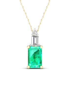 Gemstone 10K Yellow Gold Octagonal Cut Emerald and Diamond Pendant Necklace