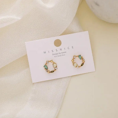 European Style 18K Small Circle Earrings 925 Silver Needle Wreath Simple Colored Diamond Earrings Small Earrings