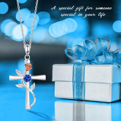 Cross Necklace for Women 925 Sterling Silver Birthstone Necklace for Womens Cross Pendant 5A Cubic Zirconia 12 Birth Months Birthday Gifts for Women Wife Her