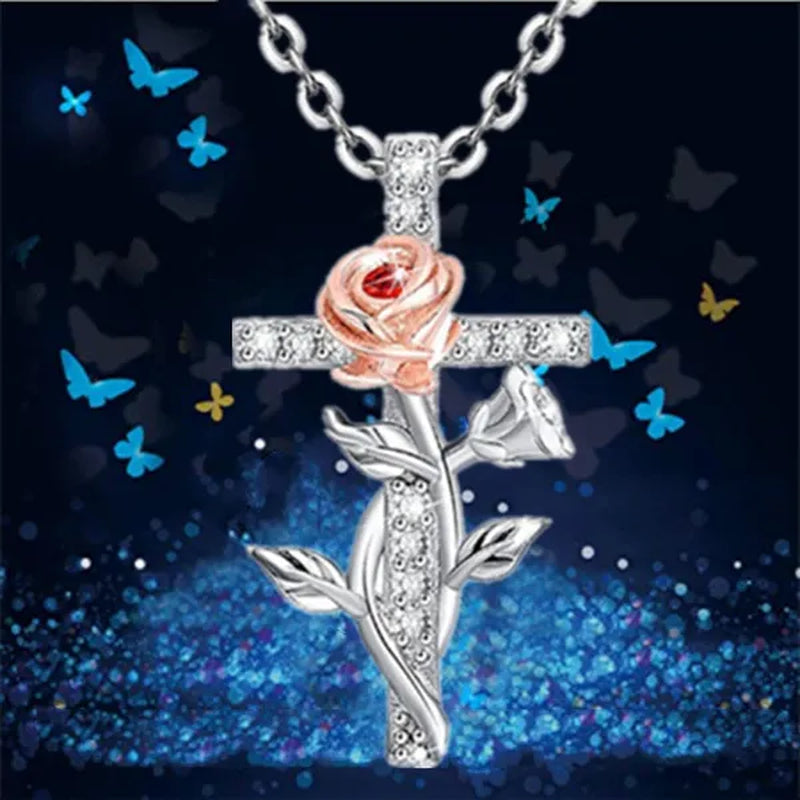 Elegant Fashion Creative Cross Rose Necklace Natural Crystal Cross Diamond Necklace Religious Cross Flower Pendant Women'S Necklace Wedding Pendant Birthday Party Anniversary Gift