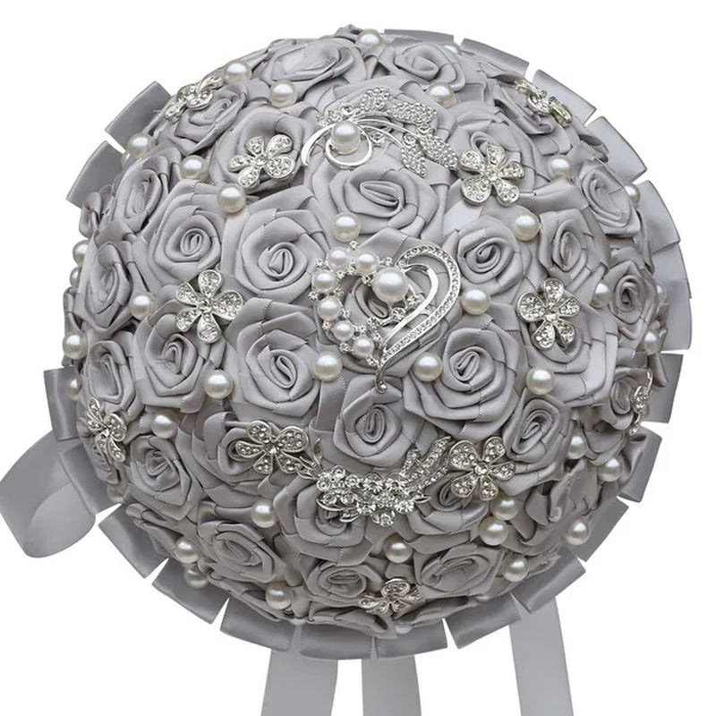 24Cm 10 Styles Can Choose Royal Blue Silver Brooch Wedding Bouquets Silk Rhinestone Artificial Rose Flowers Bridesmaid Mariage Bouquets Wedding Accessories W125