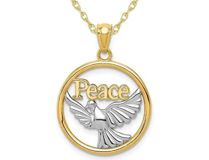 14K Yellow and White Gold Peace Dove Circle Charm Pendant Necklace with Chain