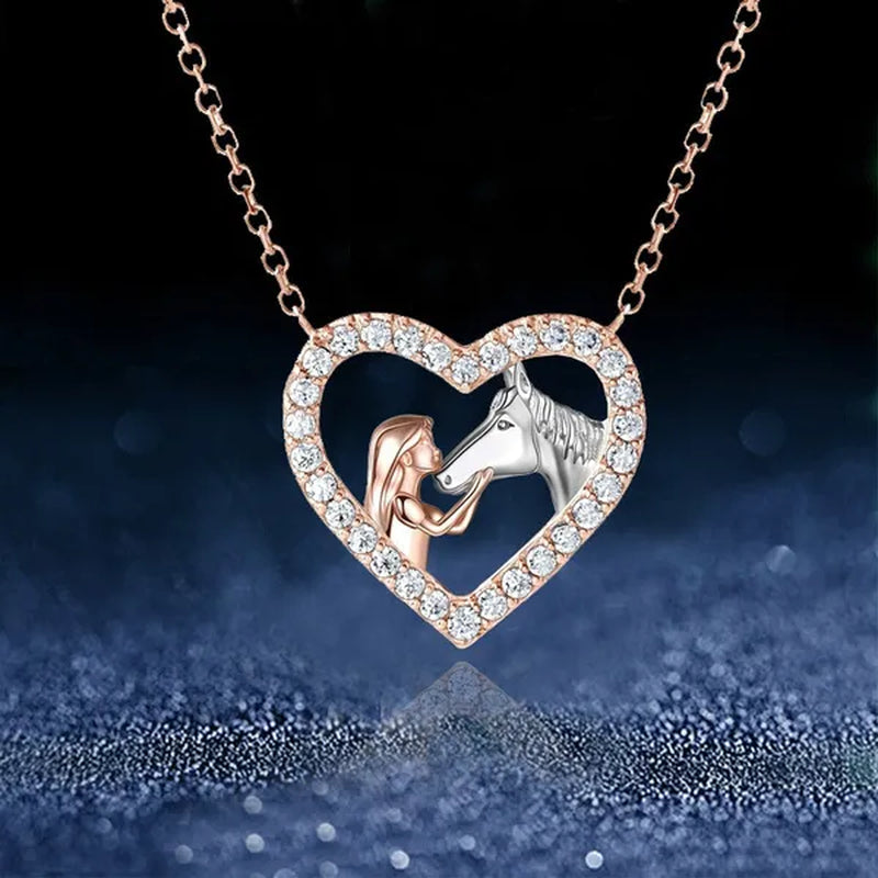 Exquisite Fashion Women's Creative Girl and Horse Necklace Heart Diamond Pendant Necklace Women's Animal Jewelry Accessories Birthday Anniversary Gift