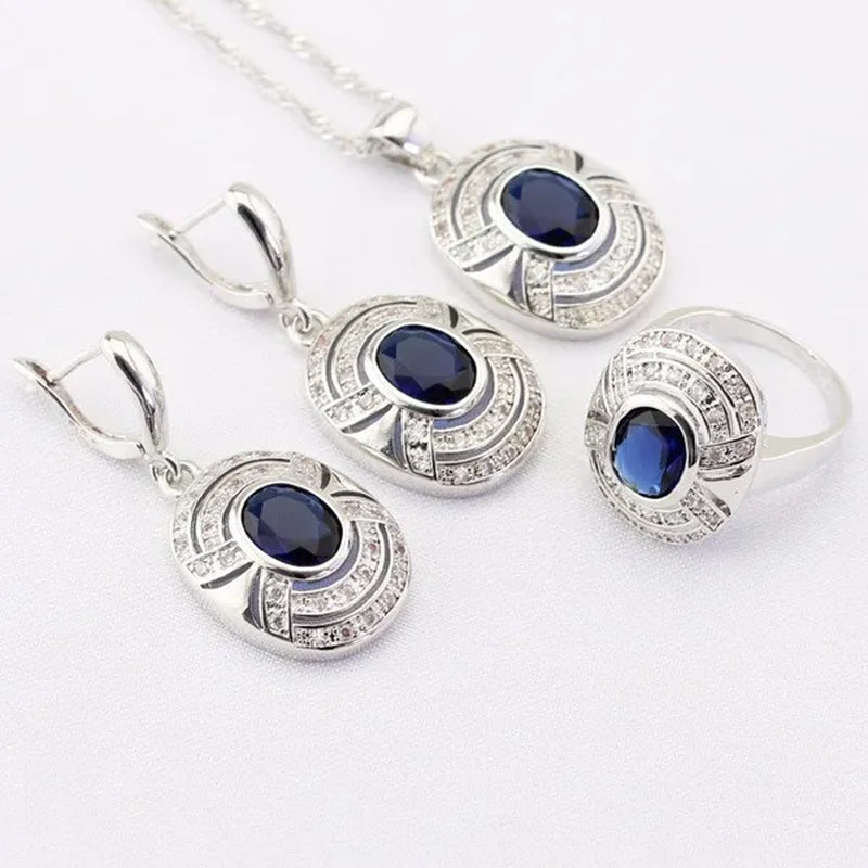 Blue Zircon White Zircon Silver Jewelry Sets for Women Silver Necklace and Pendant Rings Drop Earrings