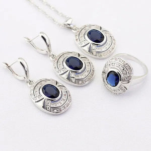 Blue Zircon White Zircon Silver Jewelry Sets for Women  Silver  Necklace and Pendant Rings Drop Earrings