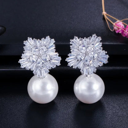 Gloriya High Quality Red Pearl Pendant Necklace Earrings Sets With Sparkling CZ Zirconia Snowflake Christmas Jewelry Set For Women Gifts