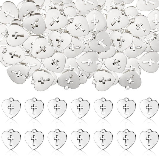 100 Pieces Silver Religious Charms Cross Charms Alloy Metal Heart Cross Pendants Heart Cross Charms for Religious Gatherings Party Supplies DIY Craft Bracelet Necklace Earrings Keychain Jewelry Making