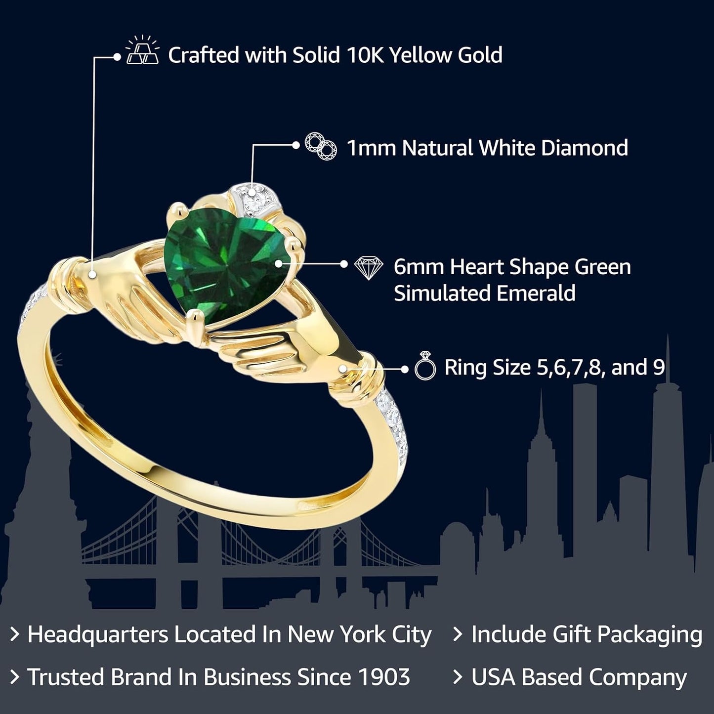 10K Yellow Gold Green Simulated Emerald and Diamond Accent Irish Celtic Claddagh Ring for Women (0.74 Cttw, Available in Size 5, 6, 7, 8, 9)