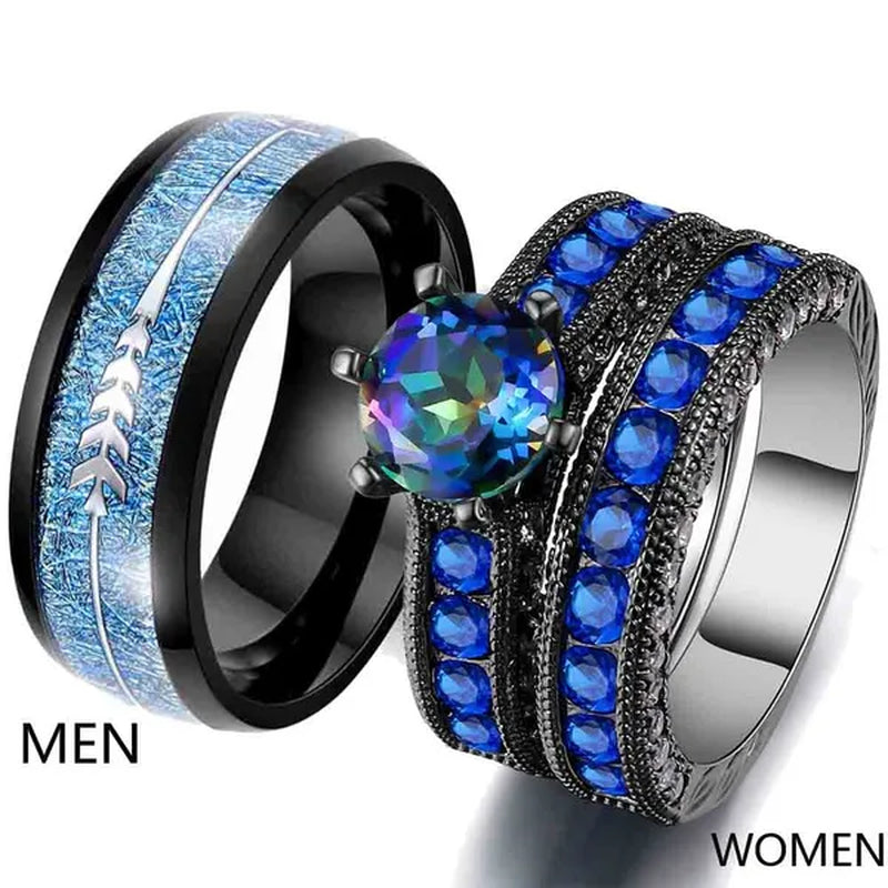 Couple Rings (2 Rings) Sz6-13 His and hers Ring 8mm Sapphire Women's Wedding Ring Sets Black Titanium steel Men's Ring Wedding Bands