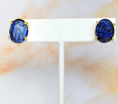Real Natural Stones Lapis Lazuli Earrings Oval Faceted Stud Earrings Gold-Filled Genuine Gemstone USA