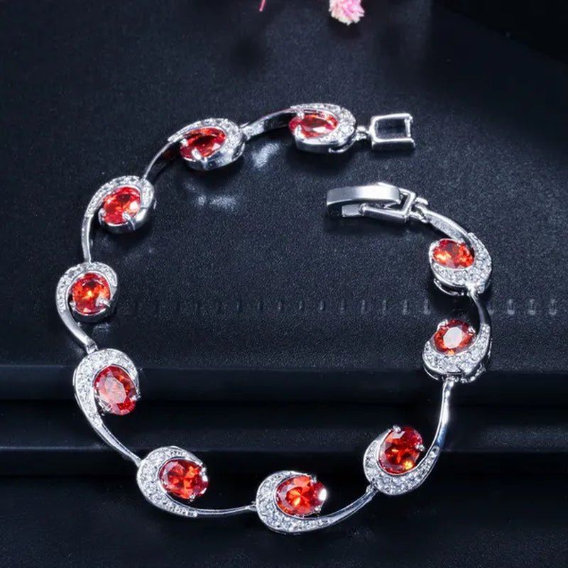 CANDICE Hot Sale Silver Hand Jewelry Classic Oval Red Crystal White Zircon Peacock Tennis Bracelet Bangle for Women Gift 18cm