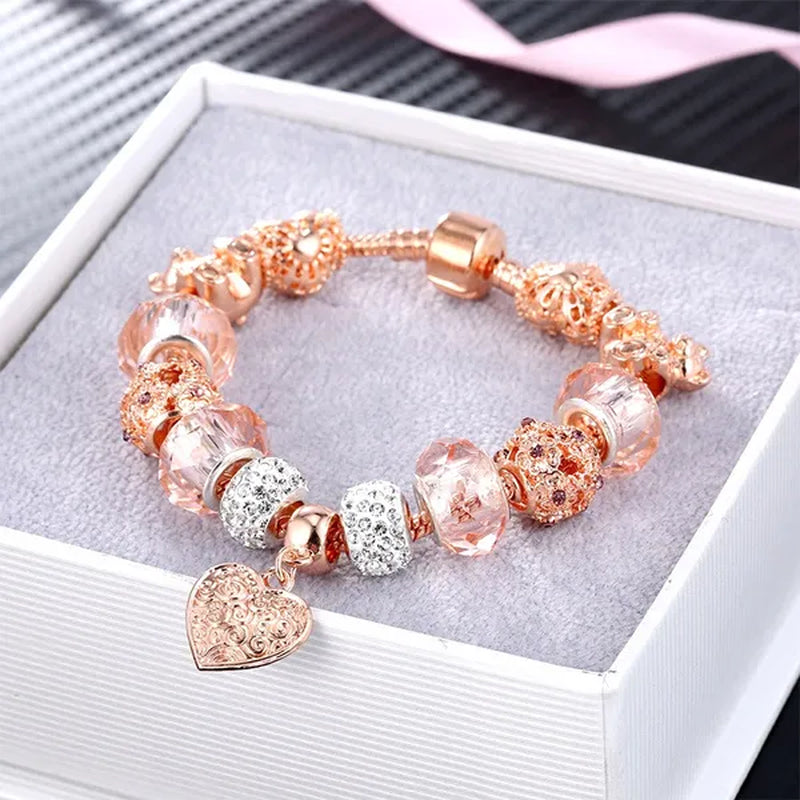 Romantic DIY Love Heart Alloy Bracelet Gold-plated Beaded Bracelet Women Jewelry Birthday Gift