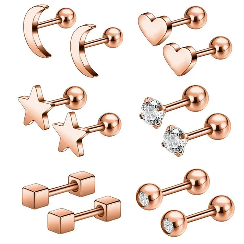 6 Pairs 5 Colors Stainless Steel Tiny Stud Earrings for Women Girls Heart Moon Star Crystal CZ Earrings Cartilage Helix Ear Piercing Set