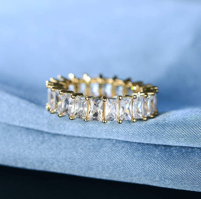 18K Gold Plated Ring Cubic Zirconia Emerald Cut Eternity Rings Gold Wedding Band