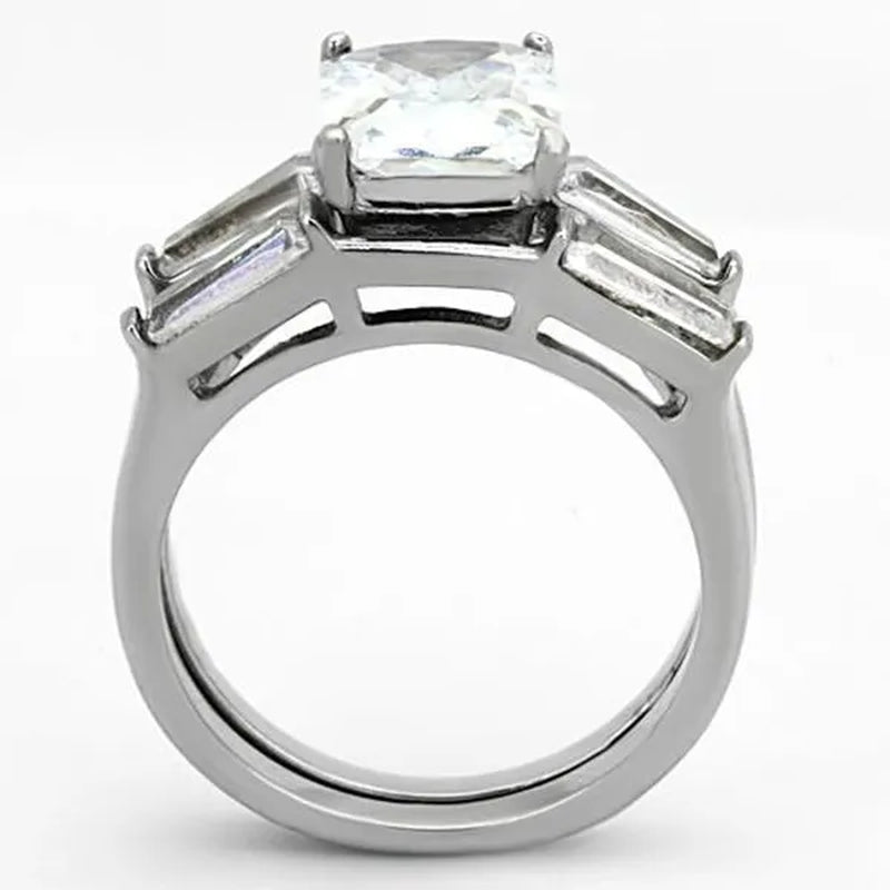Women's Stainless Steel 316 Emerald Cut Zirconia Engagement Wedding Ring Set Size 5-10