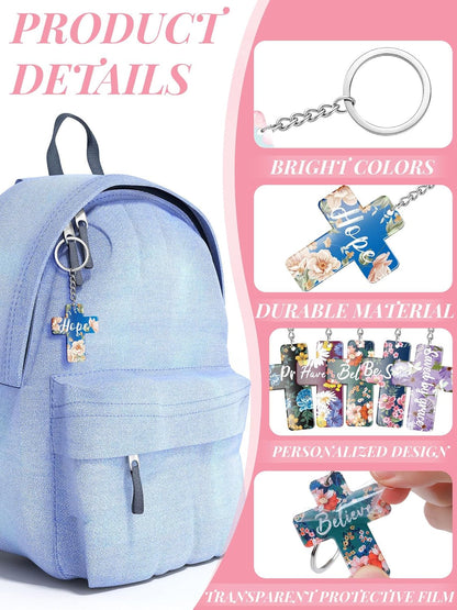 120 Pcs Bible Verse Keychains Christian Key Rings Cross Keychains Inspirational Acrylic Religious Key Rings Floral Bible Verse Jewelry for Women Men Girls Boys