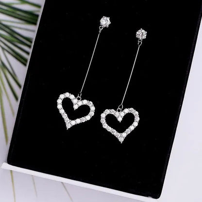 New Exquisite Korean Women'S Fashion Diamond Long Tassel Heart-Shaped Pendant Earrings Jewelry Gift